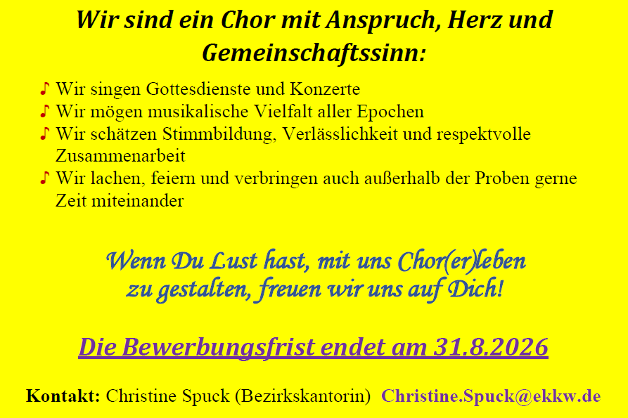 Der Chor der Friedenskirche sucht neue Chorleitung. Bewerbungen bis 31.8.26 an Christine Spuck